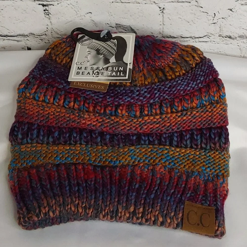 'C.C BEANIE' MESSY BUN BEANIE TAIL' VARIEGATED STRIPE - Picture 16 of 16